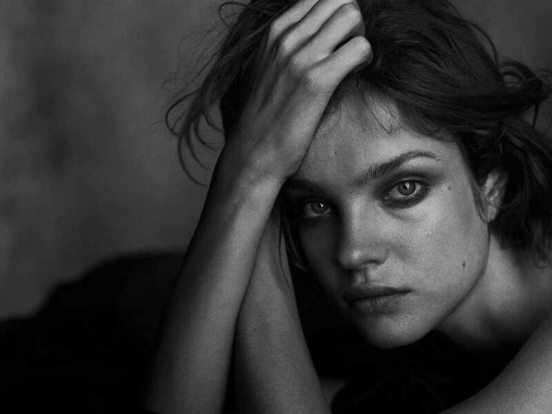 Woman with Hand on Head — Black, Dramatic, Photograph, Hair, Eye