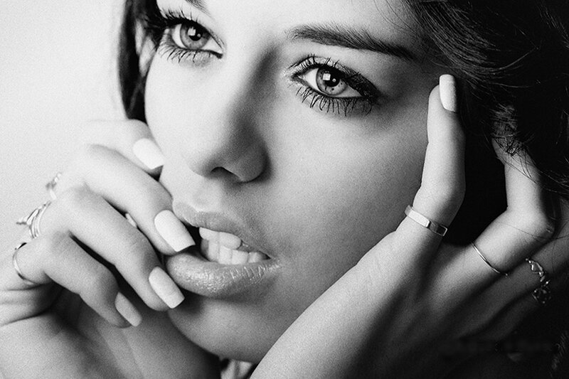 Woman with Hands on Face — Black, Dramatic, Photograph, Rings