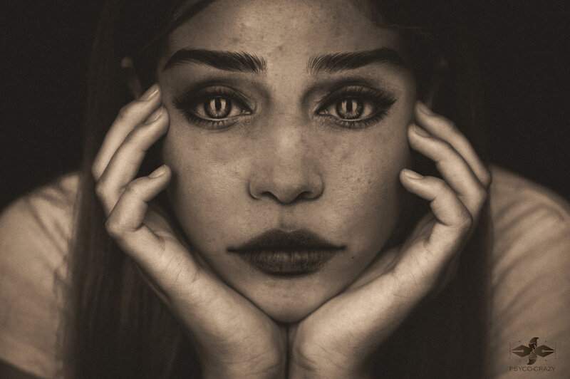 Woman with Hands on Face — Brown, Dramatic