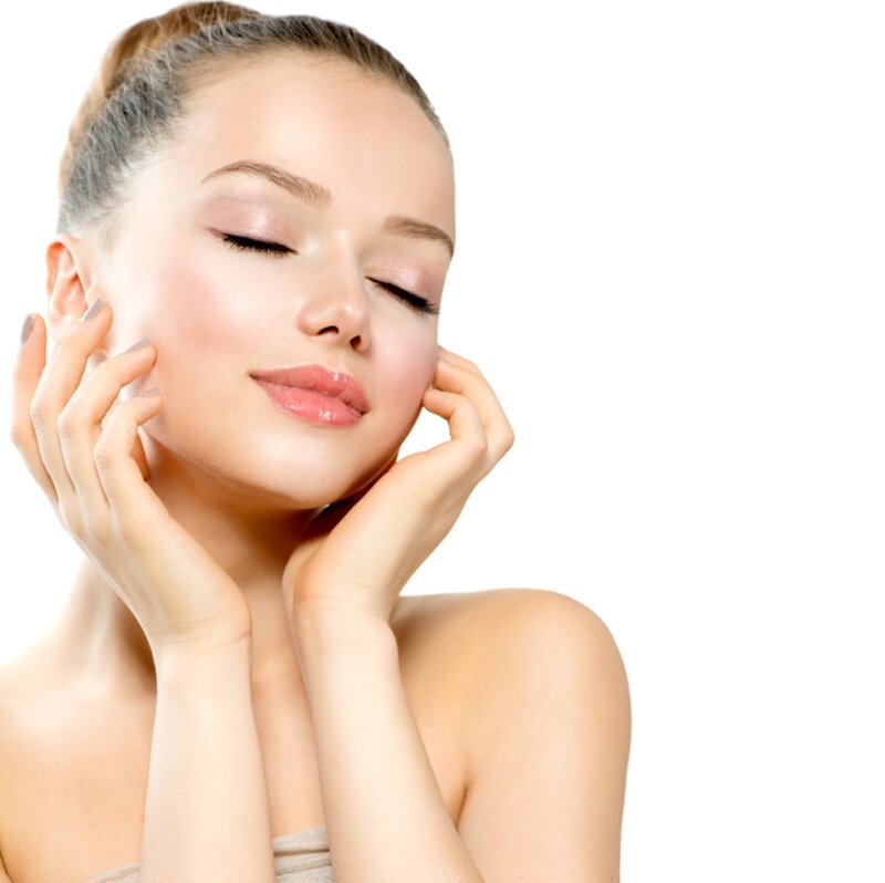Woman with Hands on Face — White, Serene