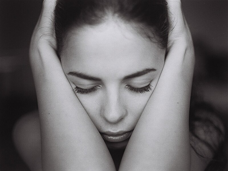 Woman with Hands on Head — Black, Contemplative
