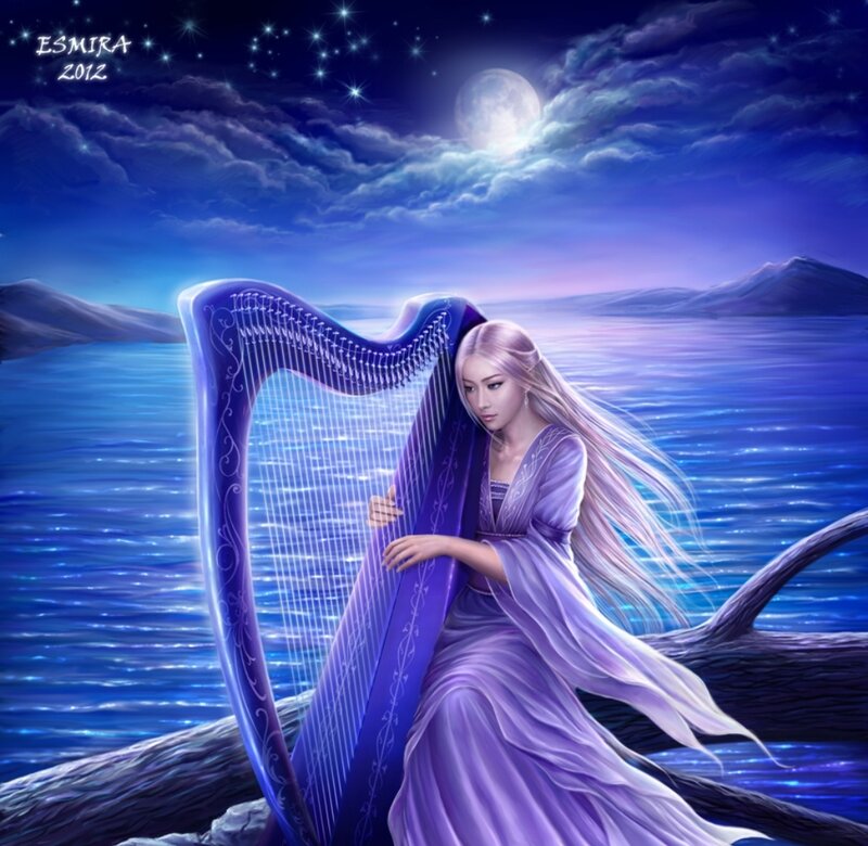 Woman with Harp — Blue, Serene