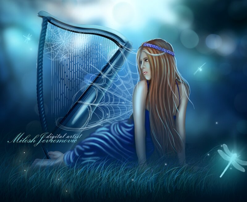 Woman with Harp — Blue
