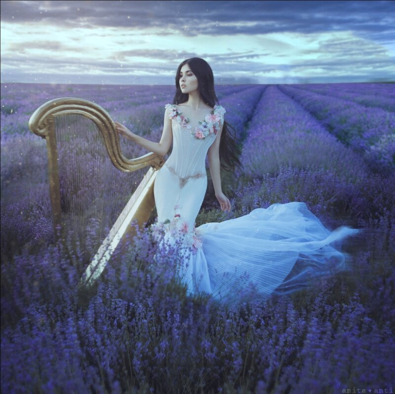 Woman with Harp in Field — Purple