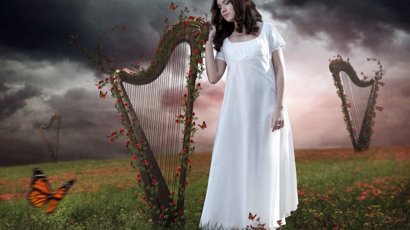 Woman with Harp in Field
