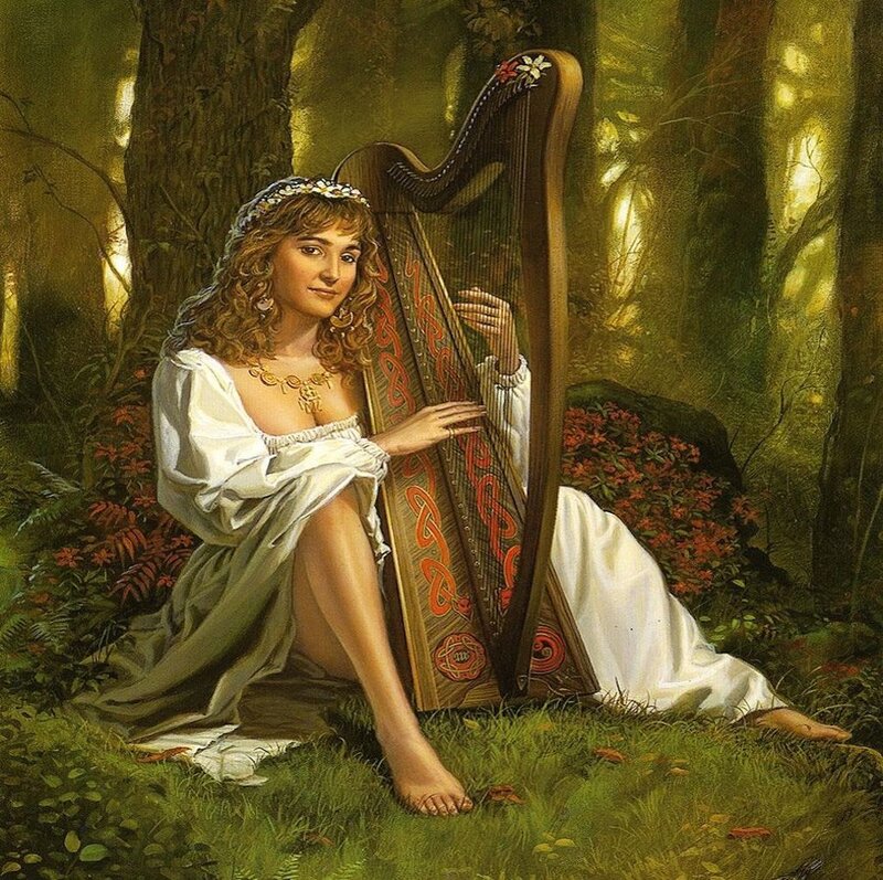 Woman with Harp in Forest — Green