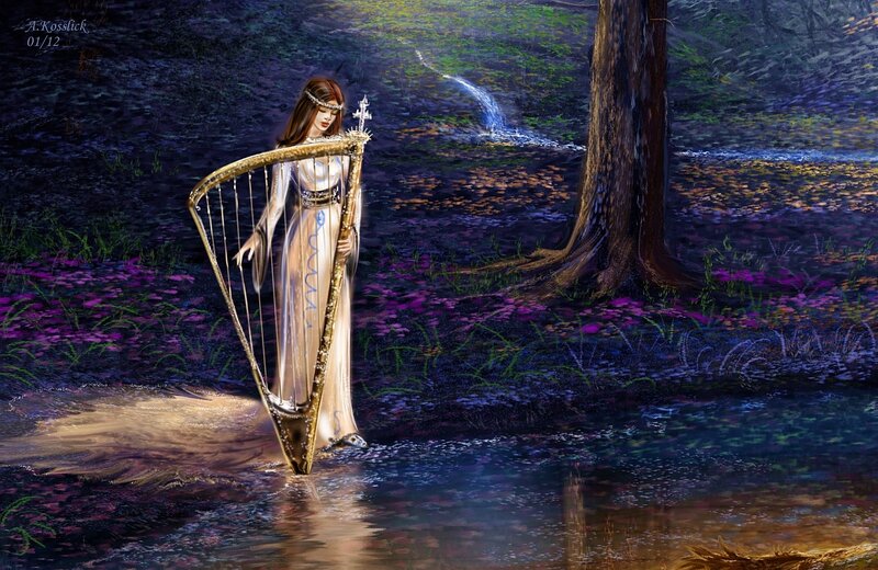 Woman with Harp in Forest