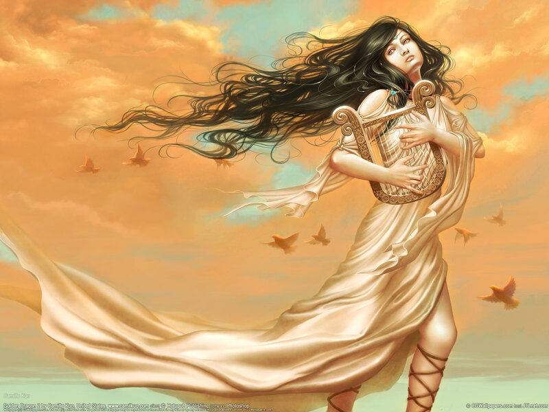 Woman with harp in golden sky