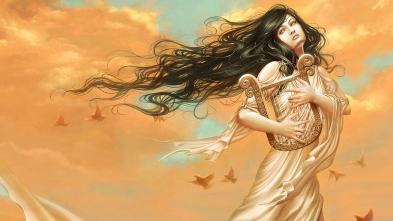 woman with harp in sky