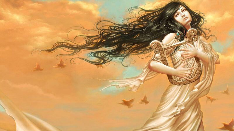 woman with harp in sky