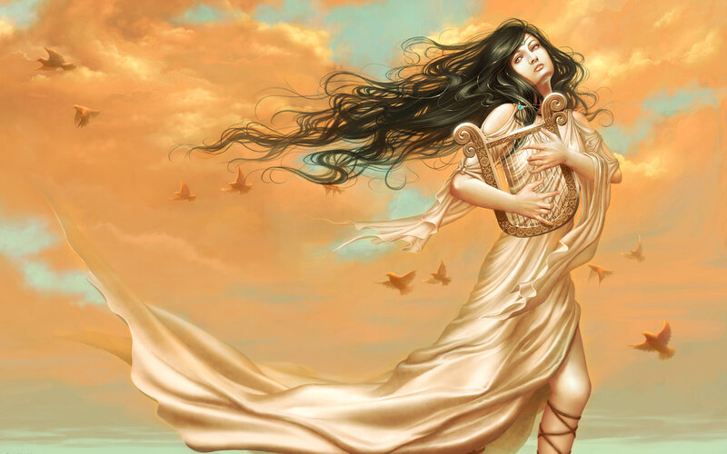 Woman with harp in sunset
