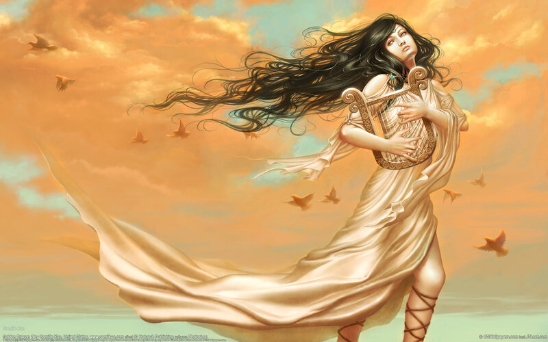 Woman with harp in sunset