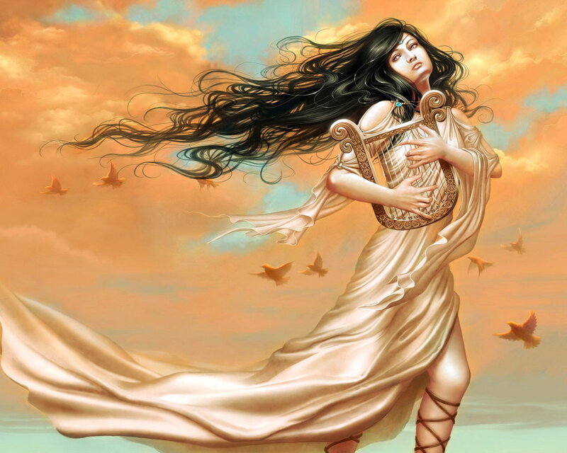 Woman with harp in the sky
