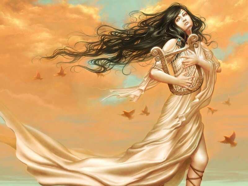 Woman with harp in the sky