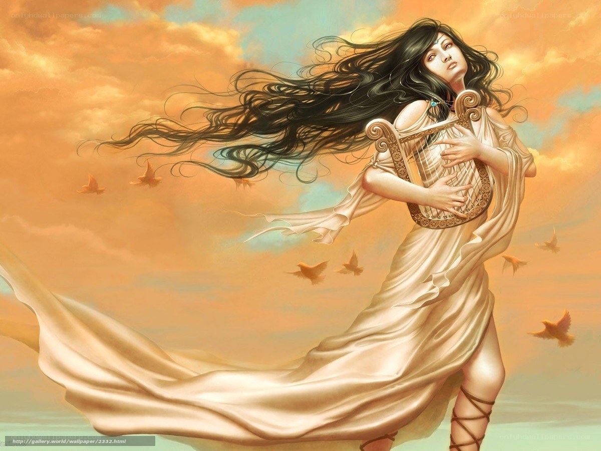 Woman with harp in the wind