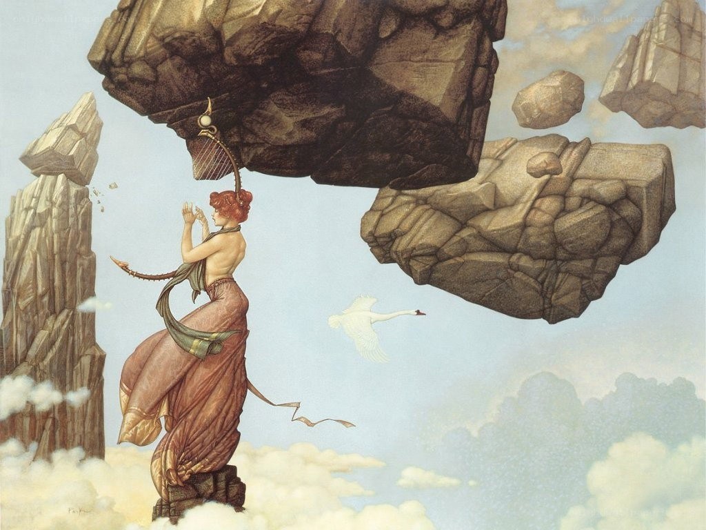 Woman with harp on cloud