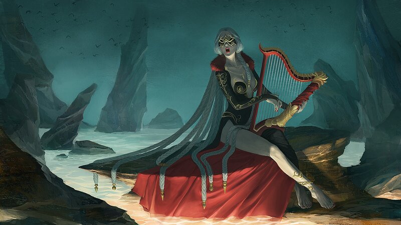 Woman with Harp on Rock