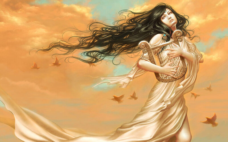 Woman with Harp — Orange, Dramatic, Sunset, Digital Art