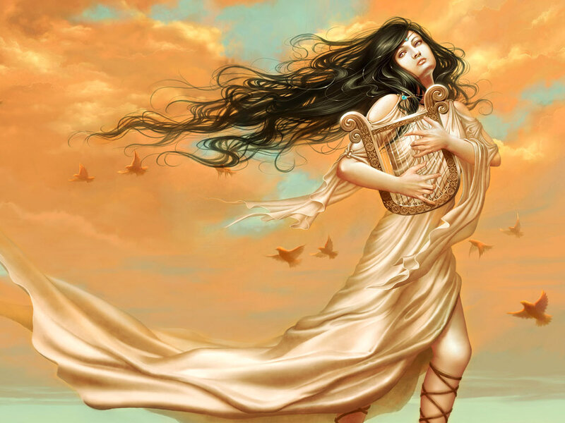 Woman with Harp — Orange, Dramatic, Sunset