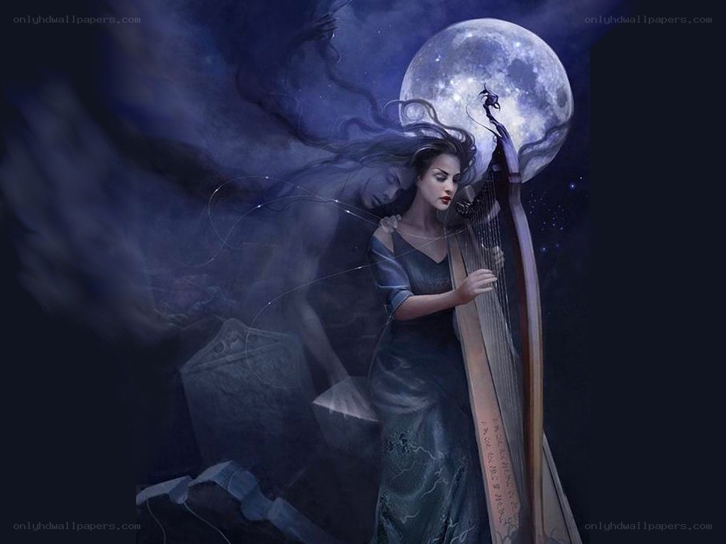 Woman with harp under moonlight