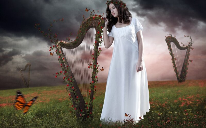 Woman with Harp — White, Dramatic