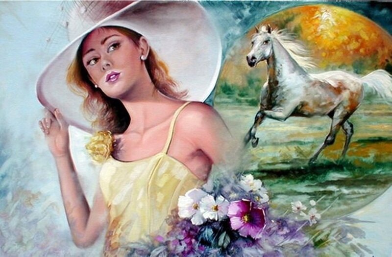 Woman with Hat and Flowers — Yellow