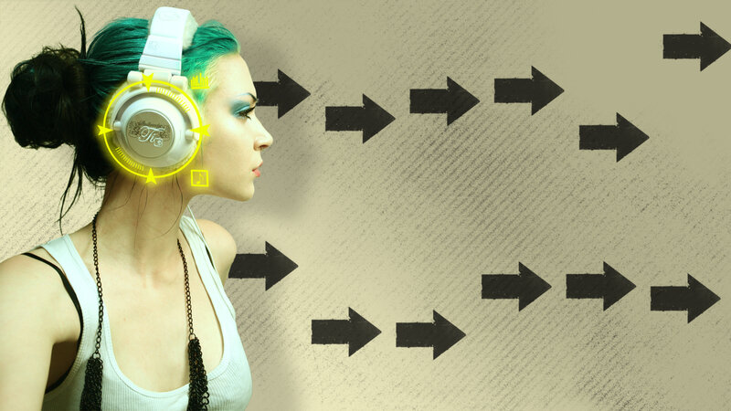 woman with headphones and arrows