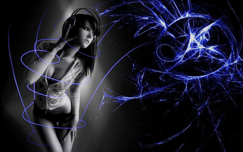 woman with headphones and blue light effects