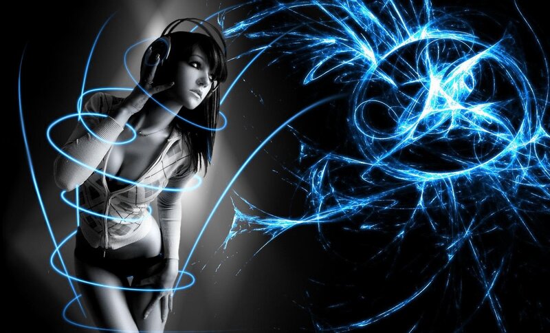 woman with headphones and blue light