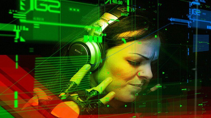 woman with headphones and digital overlay