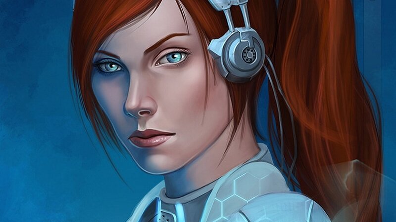 woman with headphones and futuristic armor