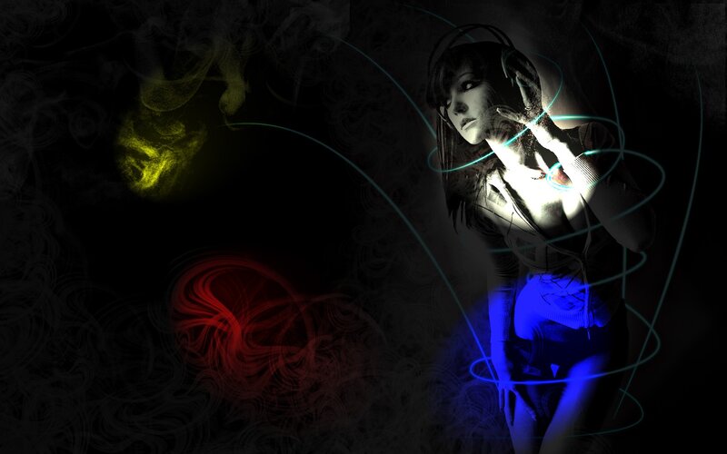 woman with headphones and glowing lines