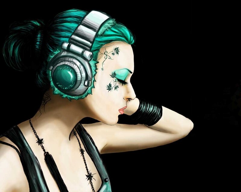 woman with headphones and green hair