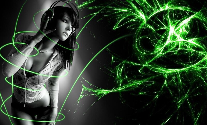 woman with headphones and green light