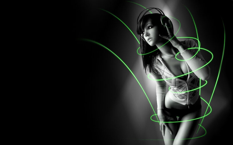 woman with headphones and green light trails