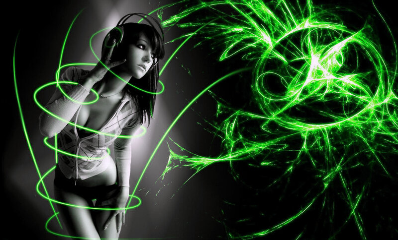 woman with headphones and green lights