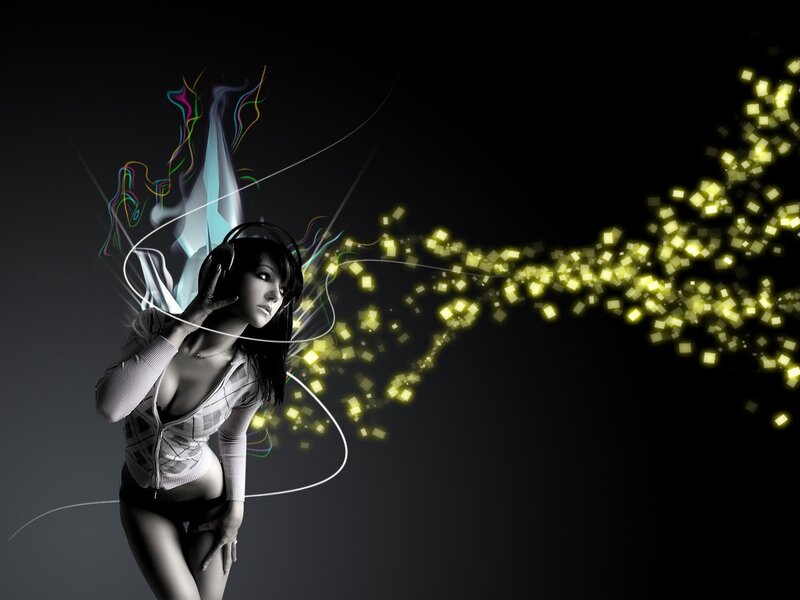 woman with headphones and light effects