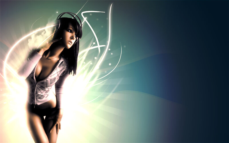 woman with headphones and light effects
