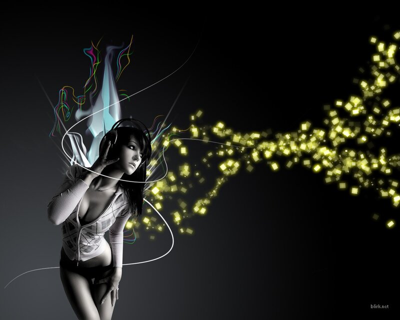 woman with headphones and light effects