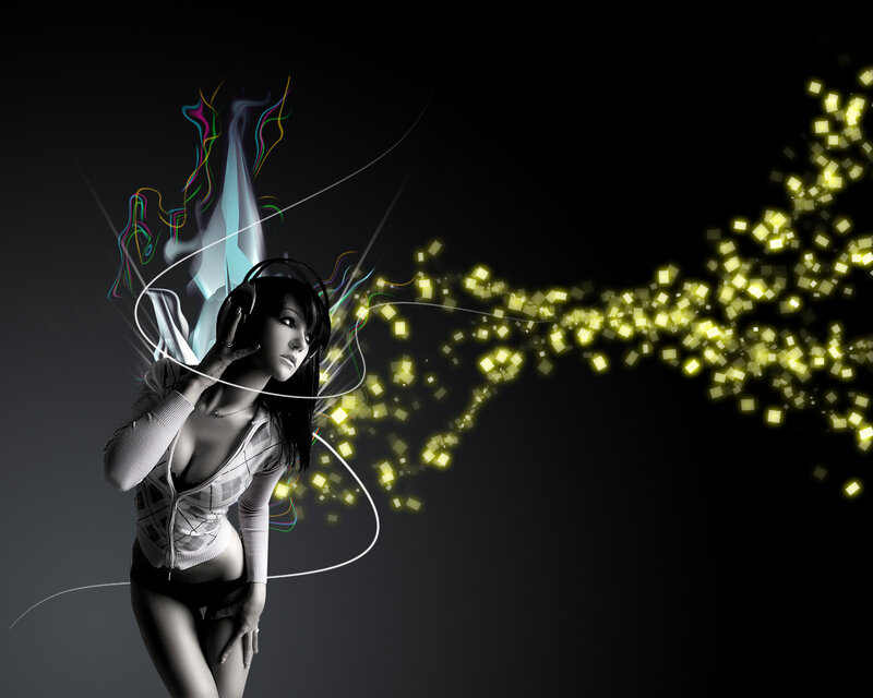 woman with headphones and light effects