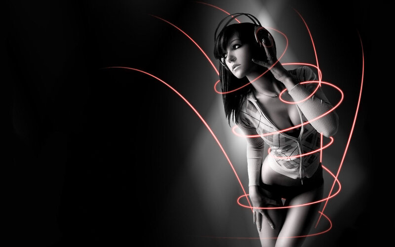 woman with headphones and light trails