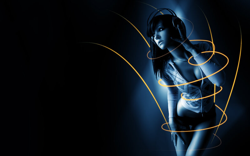 woman with headphones and light trails