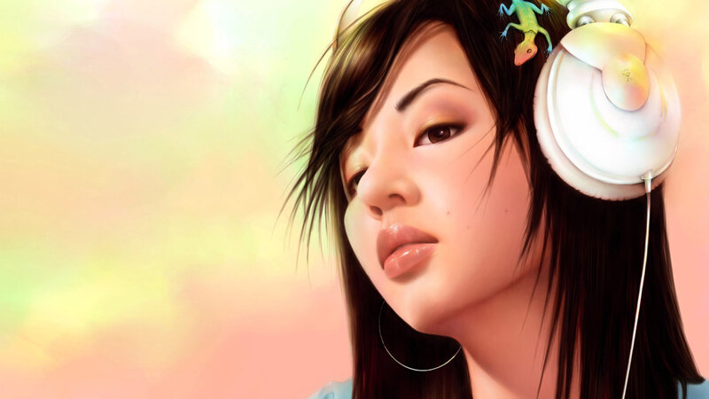 woman with headphones and lizard