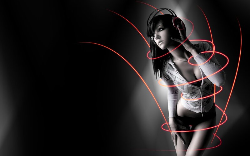 woman with headphones and red light trails