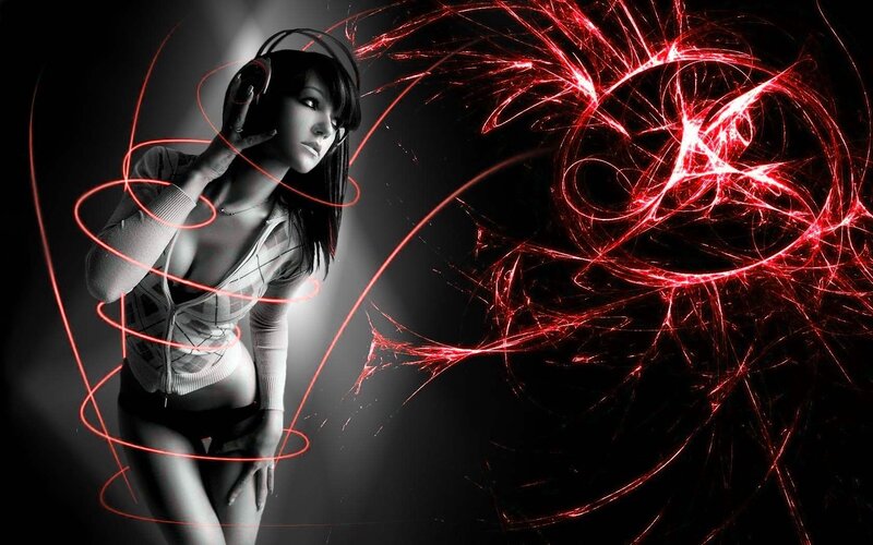 woman with headphones and red light trails