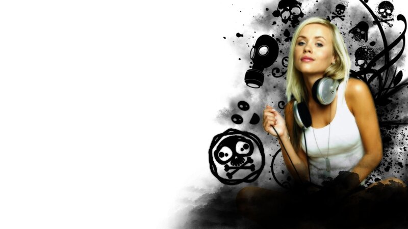 woman with headphones and skulls