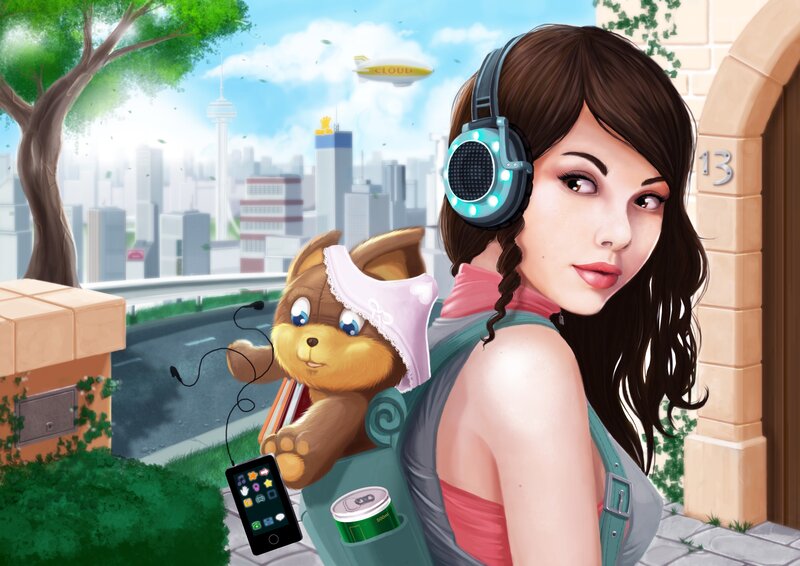 Woman with headphones and teddy bear