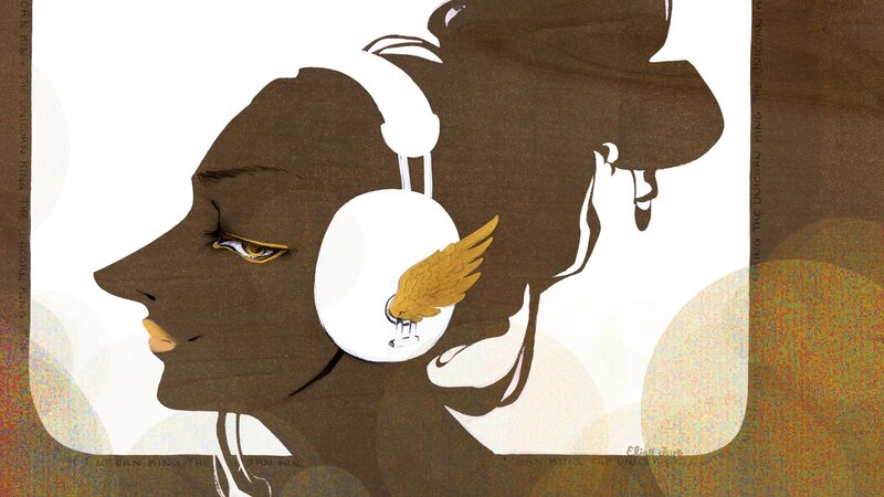 woman with headphones and winged design