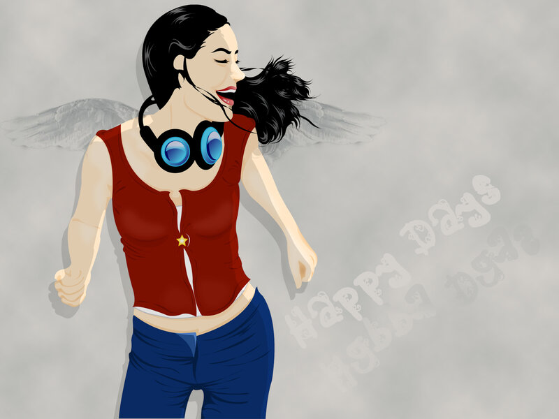 woman with headphones and wings