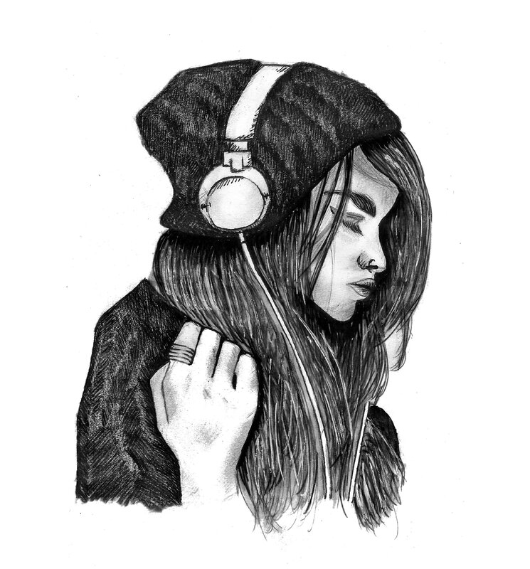 Woman with Headphones — Black, Contemplative, Illustration, Hand